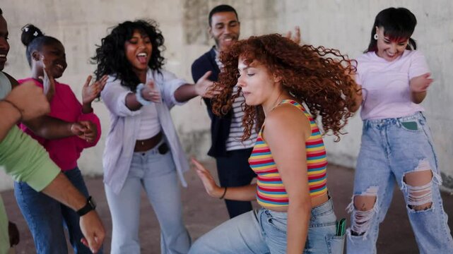 Dance party, Group of young people have fun celebrating together. Happy diverse friends, gen z trend concept