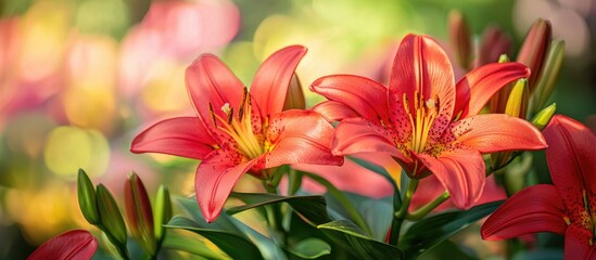 Fototapeta premium Lily Corallo La Hybrid Bright Red Flowers In The Garden