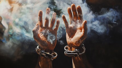 Hands breaking free from metal handcuffs surrounded by smoke rising in the air, symbolizing freedom, liberation, and overcoming addiction