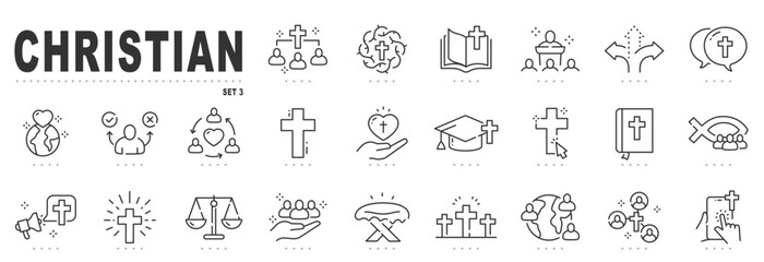 Set of christian related line icon set. Cross, bible, christmas, easter, dove etc. Editable stroke. Set 3
