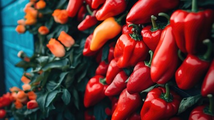 Vibrant red peppers displayed on a wall creating an appetizing food backdrop for a banner