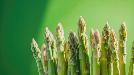Fresh young asparagus spears against a vibrant green backdrop Concept of healthy eating
