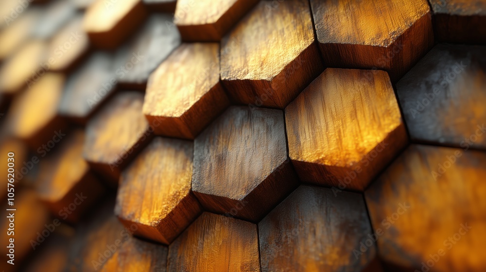 Poster warm light illuminating wooden hexagonal tiles creating a textured surface with varying shades of br