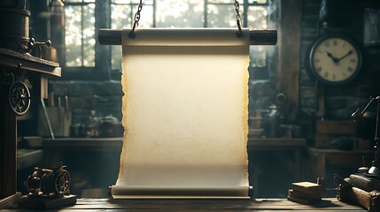 Blank parchment scroll hanging in a vintage workshop with a rustic wooden table and tools.