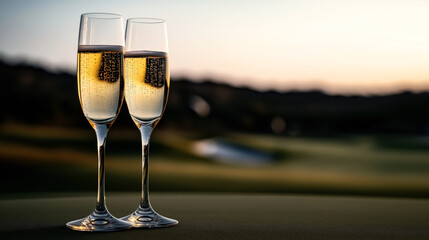 Obraz premium Two champagne flutes filled with sparkling wine set against a blurred outdoor backdrop during sunset.