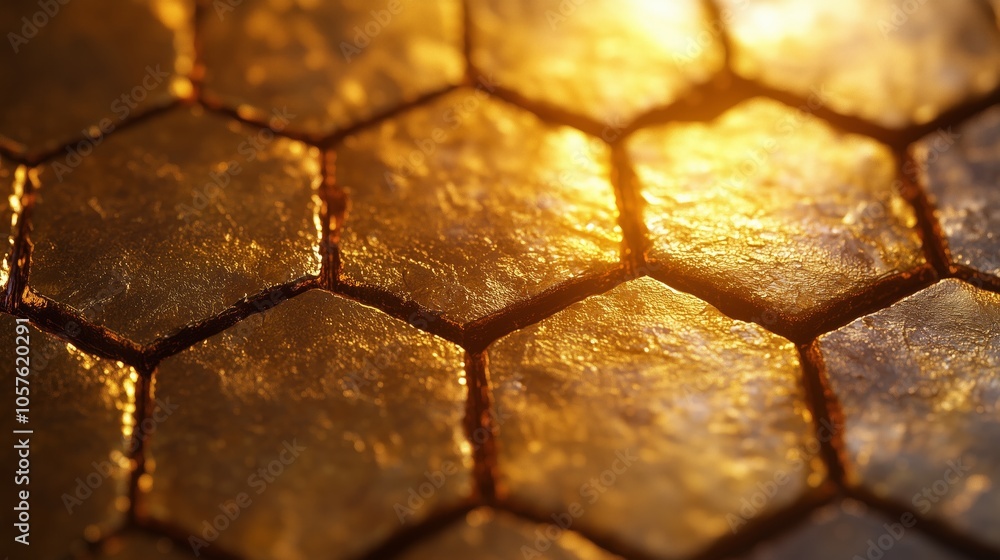 Poster warm light is illuminating a golden hexagonal texture, creating a luxurious and modern feel, perfect