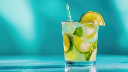 Refreshing summer caipirinha cocktail against a vibrant blue backdrop