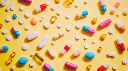A vibrant assortment of pills and medications viewed from above