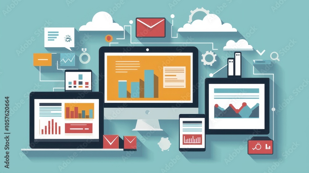 Poster a digital illustration showcasing multiple devices displaying graphs, charts, and cloud elements, re