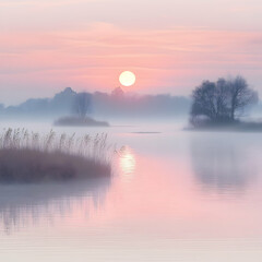 Dreamy Misty Moon Bay Landscape with Soft Pink and Gold Hues at Dusk