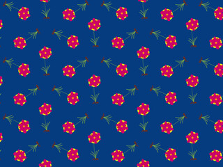 This seamless pattern showcases simple, stylized red flowers with a touch of yellow, arranged evenly on a dark blue background.