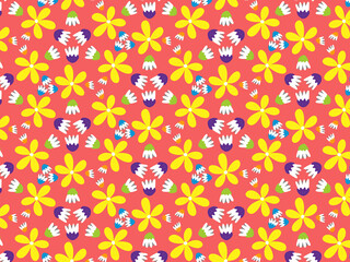 Vibrant Floral Pattern A playful and colorful floral pattern featuring bright yellow flowers paired with purple and white blooms on a warm coral background.