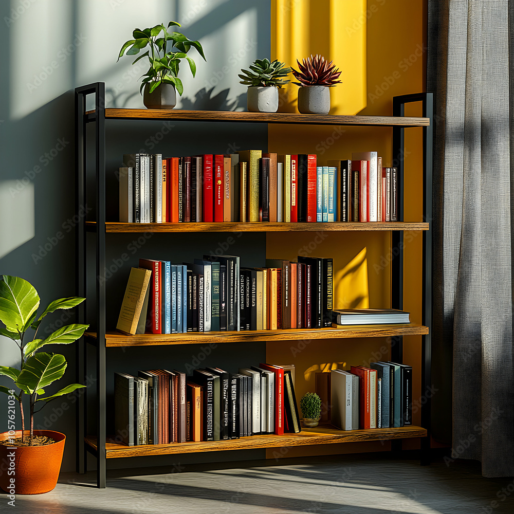 Poster modern bookshelf with clean lines displaying a variety of colorful books in a contemporary interior 