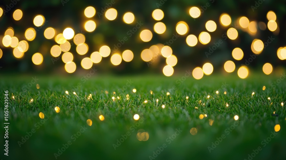 Poster string lights illuminate green grass at night creating a beautiful bokeh effect in the background hi