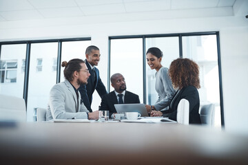 Business, people and laptop at office with happiness for project results, report or feedback as market research analyst. Corporate, employees and meeting with discussion, insight and updates