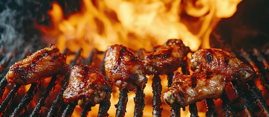 Fried Food Grilled Chicken Wings On The Flaming Grill