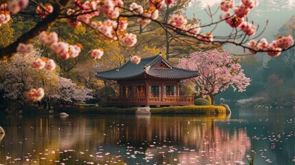 Fototapeta premium A small, wooden pavilion sits on a pond, surrounded by cherry blossom trees. Peaceful and serene.
