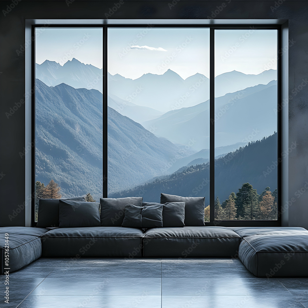 Poster modern square window with sleek black frames overlooking a scenic view