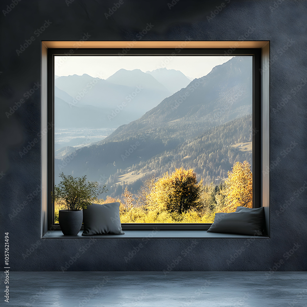Poster modern square window with sleek black frames overlooking a scenic view