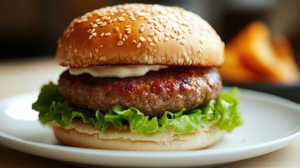 Delicious burger featuring sausage lettuce and mayonnaise presented on a white plate