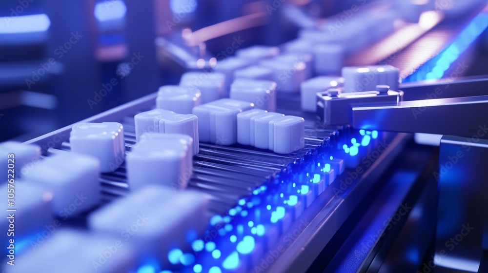 Poster robotic arms processing white boxes moving along a conveyor belt in a technologically advanced autom