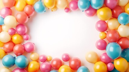 Colorful balloons arranged in a circle on a white background with copy space in the middle.