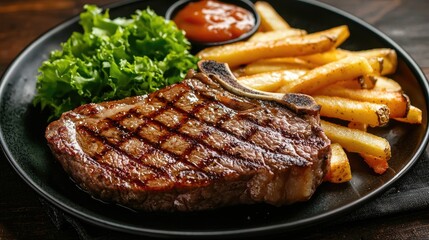 Piece Of Lean Succulent Grilled Steak On A Plate With Potato Fries And Some Green Lettuce As Garnish A Catering Concept