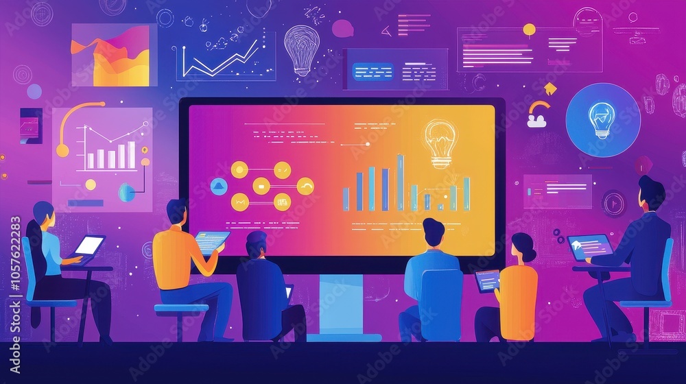 Poster a vibrant digital workspace with diverse professionals analyzing data displayed on a large screen, f