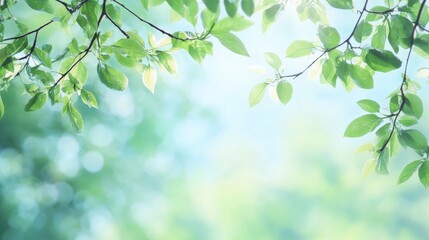 Obraz premium Banner featuring a selectively focused tree branch adorned with green leaves against a softly blurred garden backdrop offering ample copy space Represents natural greenery and spring ecology