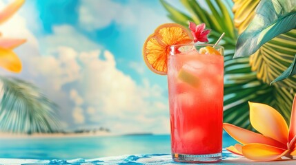 Tropical cocktail with vibrant summer drinks against a vacation inspired backdrop