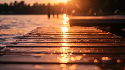 Close up of a wooden pier during sunset showcasing warm reflections on the water s surface