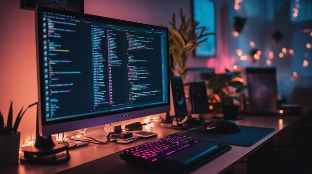 Modern computer with programming code on the monitor in a cozy room with plants, creating a productive workspace for coding tasks