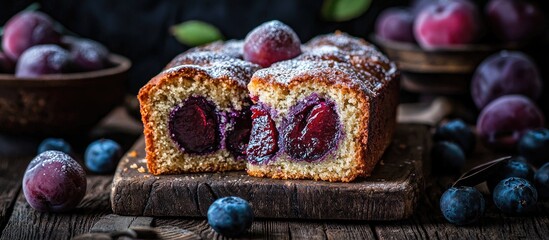 Fresh Homemade Dimply Plum Cake On Rustic Background