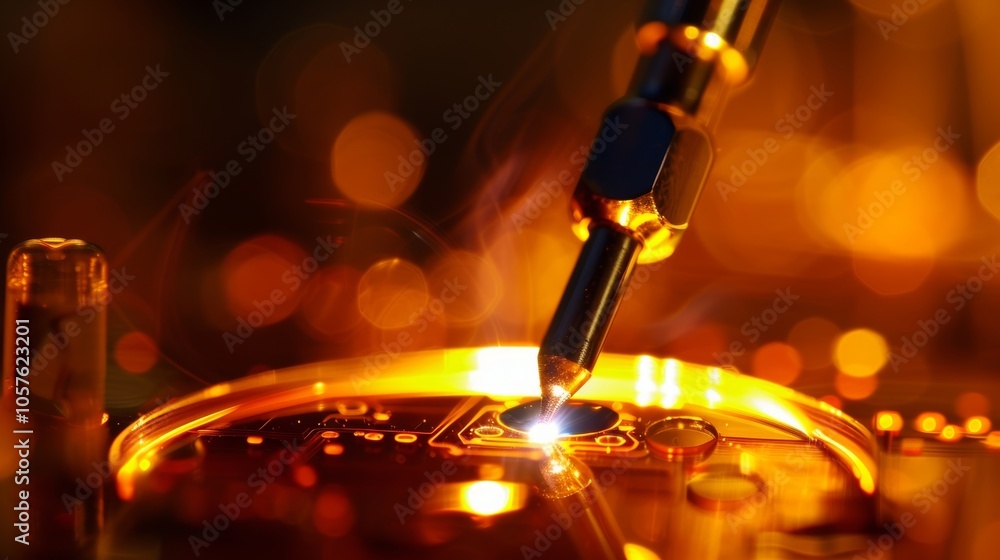 Poster soldering iron tip creating precise connection on circuit board with warm background, showcasing adv