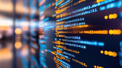 Close-up of binary code and digital data on computer screen. Technology and programming concept for cybersecurity and software development.