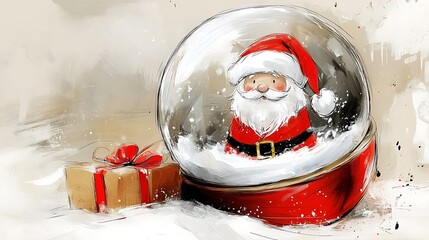 Santa Claus in a snow globe with a gift box, festive holiday decoration concept