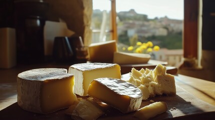 Wooden cutting board with a variety of cheeses on it