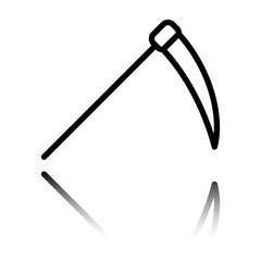 Scythe simple icon. Flat design. Black icon with mirror reflection. White background