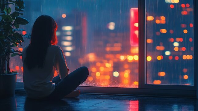 Lo-fi anime girl sitting by window listen to music, city neon skyline outside. Cool atmosphere animation manga style illustration wallpaper, sad rany night, chill jazz relax video streaming background