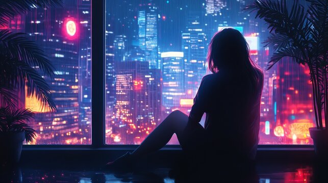 Lo-fi anime girl sitting by window listen to music, city neon skyline outside. Cool atmosphere animation manga style illustration wallpaper, sad rany night, chill jazz relax video streaming background