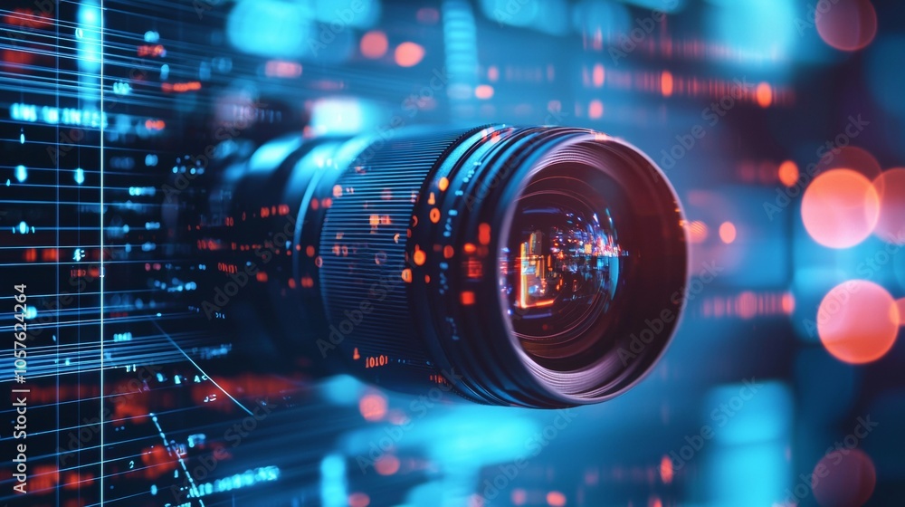 Poster macro view of a camera lens with digital elements