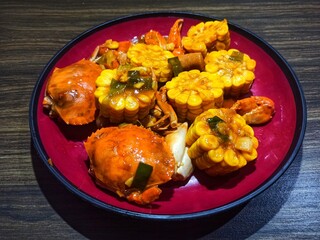 Processed crab seafood combined with corn