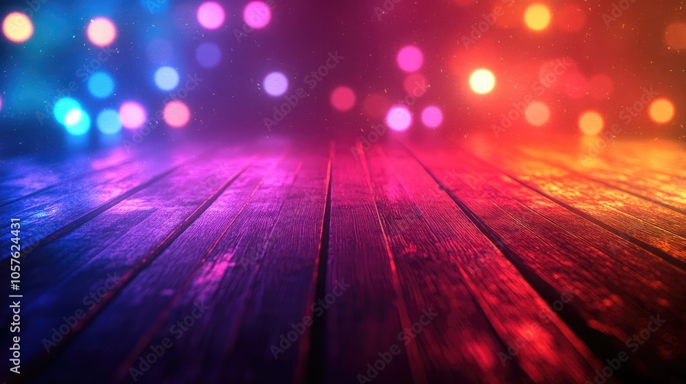 Poster minimalist wooden surface with vibrant abstract disco lighting ideal for showcasing products or obje