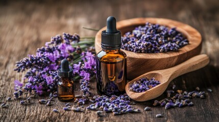 Aromatic oils and lavender blooms for natural remedies aromatherapy and beauty treatments in spa therapies