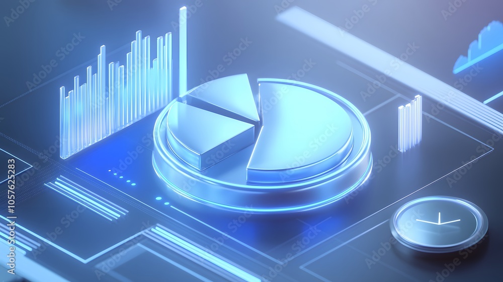 Poster cute isometric 3d image of 3d pie chart and bar chart in realistic metallic silver illuminated by ne