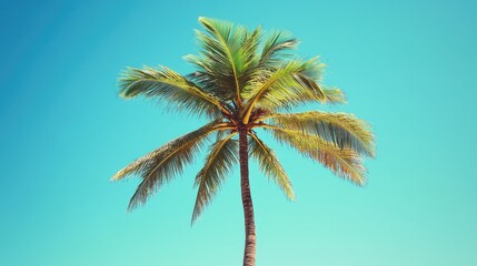 Coconut palm tree against a bright blue sky set in a retro style perfect for a travel themed design