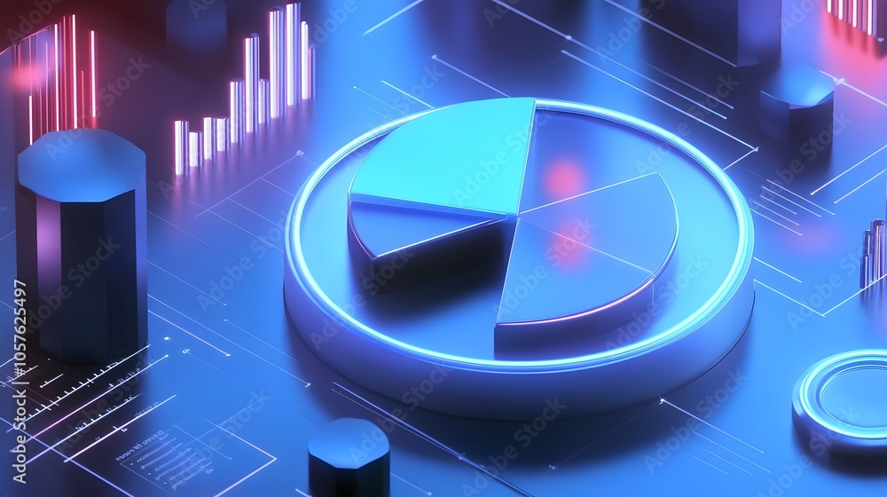Poster cute isometric 3d image of 3d pie chart and bar chart in realistic metallic silver illuminated by ne