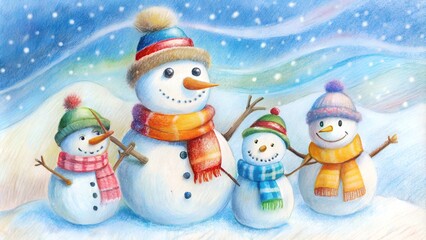 Fototapeta premium Happy snowman family enjoying winter wonderland