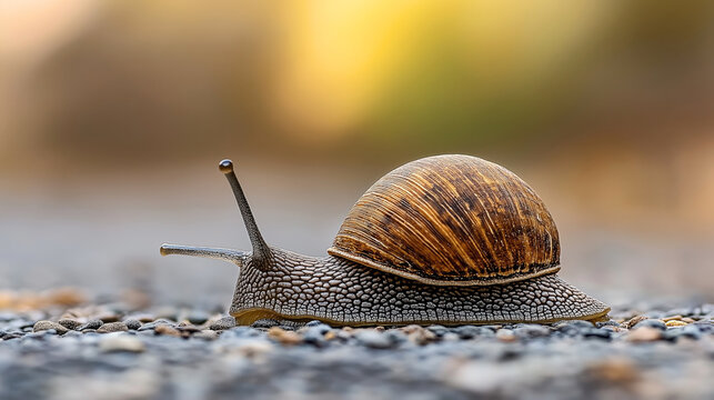 Close-up of a garden snail crawling on a gravel surface with a blurred natural background - Powered by Adobe