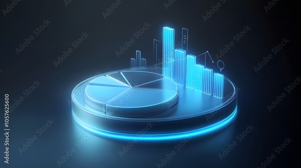 Poster cute isometric 3d image of 3d pie chart and bar chart in realistic metallic silver illuminated by ne